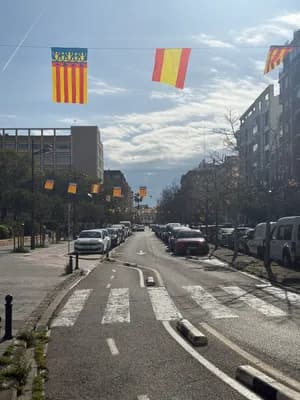Street with flags, parked cars, and buildings.