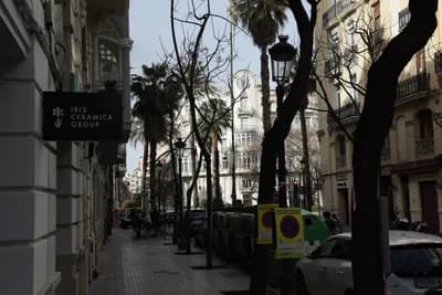 A street with palm trees, a sign for Iris Ceramica Group, and parked cars on a sunny day.