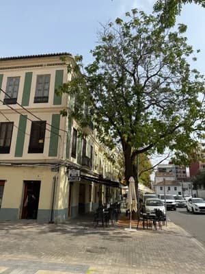 A street with outdoor seating, a tree, and a building with a green and white facade.