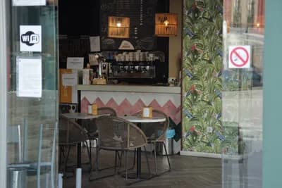 A café interior with a bar counter, chairs, and a bird-patterned wall.