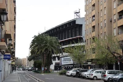 Street view with stadium, palm trees, and parked cars.