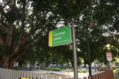 Street sign for D'Alfredo Candel in a park setting with trees and a lamp post.