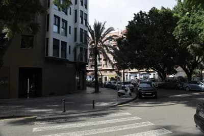Urban street with parked cars, trees, and a crosswalk.