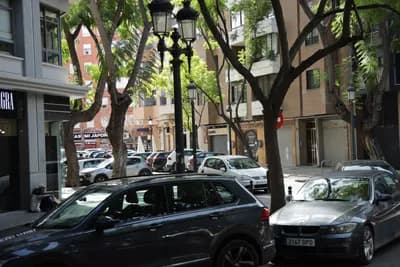 Parked cars, trees, and buildings in Valencia, Spain.