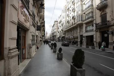 A street lined with tall buildings and potted plants, with a few pedestrians visible in the distance.
