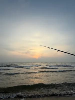 Fishing rod at sunset with ocean waves and sky in the background.