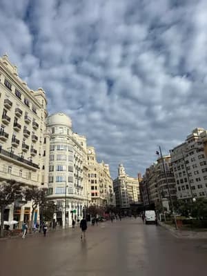 A wide street with ornate buildings and a cloudy sky.