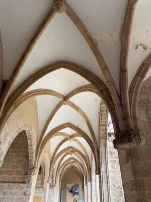 A corridor with Gothic arches and stone columns leading to a brightly lit entrance.