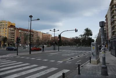 Quiet urban intersection with pedestrian crossing, traffic lights, and palm trees.