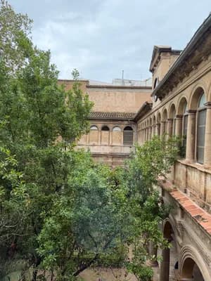 Courtyard with trees and arched building facade.