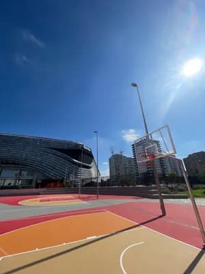 A vibrant basketball court with colorful markings under a sunny sky.