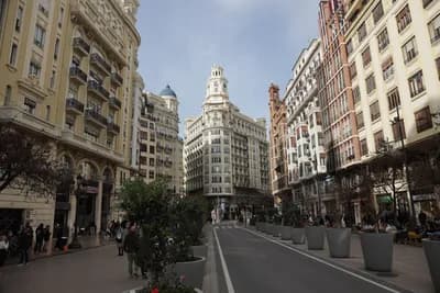 A street in Valencia, Spain, with tall buildings and potted plants along the sidewalk.