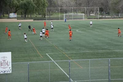 Soccer players in orange and white uniforms playing on a field.