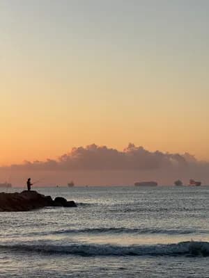 A silhouette of a person fishing on rocks at sunset with ships in the background.