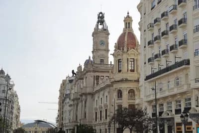 Historic architecture with a clock tower and dome in Valencia, Spain.