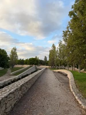 A stone pathway curves through a park with trees and a cloudy sky.